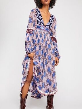 Free People Bold Blooms Maxi Dress Purple Blue Embroidered Boho Womens M/L